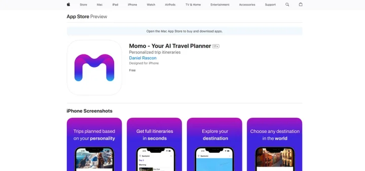 Momo's original App Store listing and travel planning screens